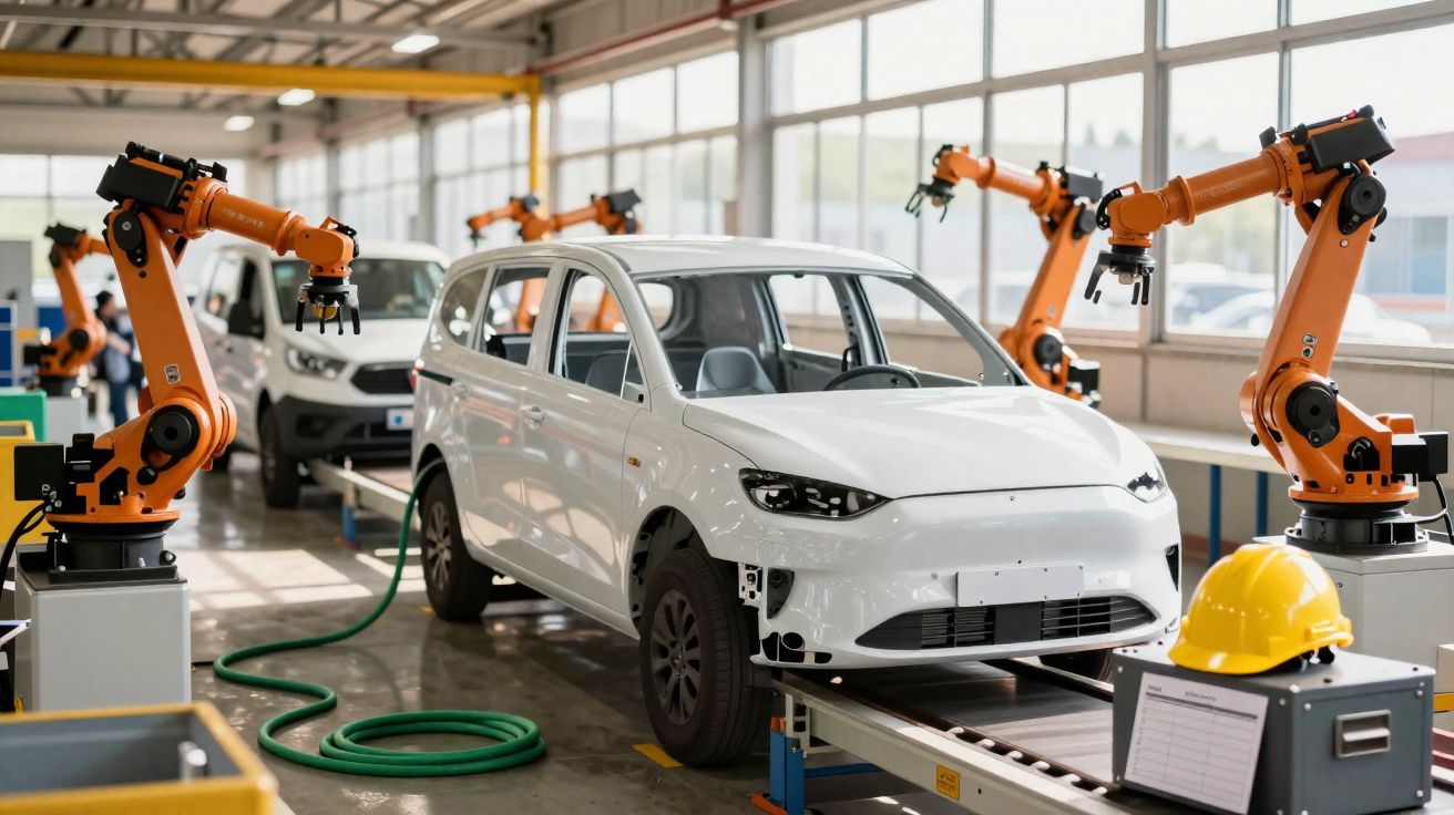 Fábrica de automóveis com braços robóticos a montar carros brancos em linha de produção moderna.