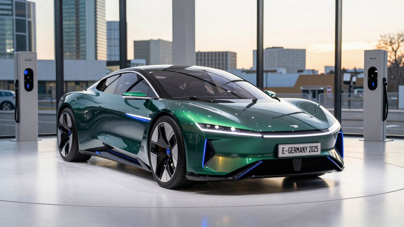 Carro elétrico desportivo verde numa área de carregamento com colunas de carregamento elétrico ao fundo.