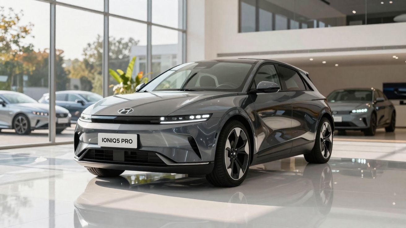 Viatura elétrica cinza Hyundai Ioniq 5 Pro numa exposição moderna com luz natural.