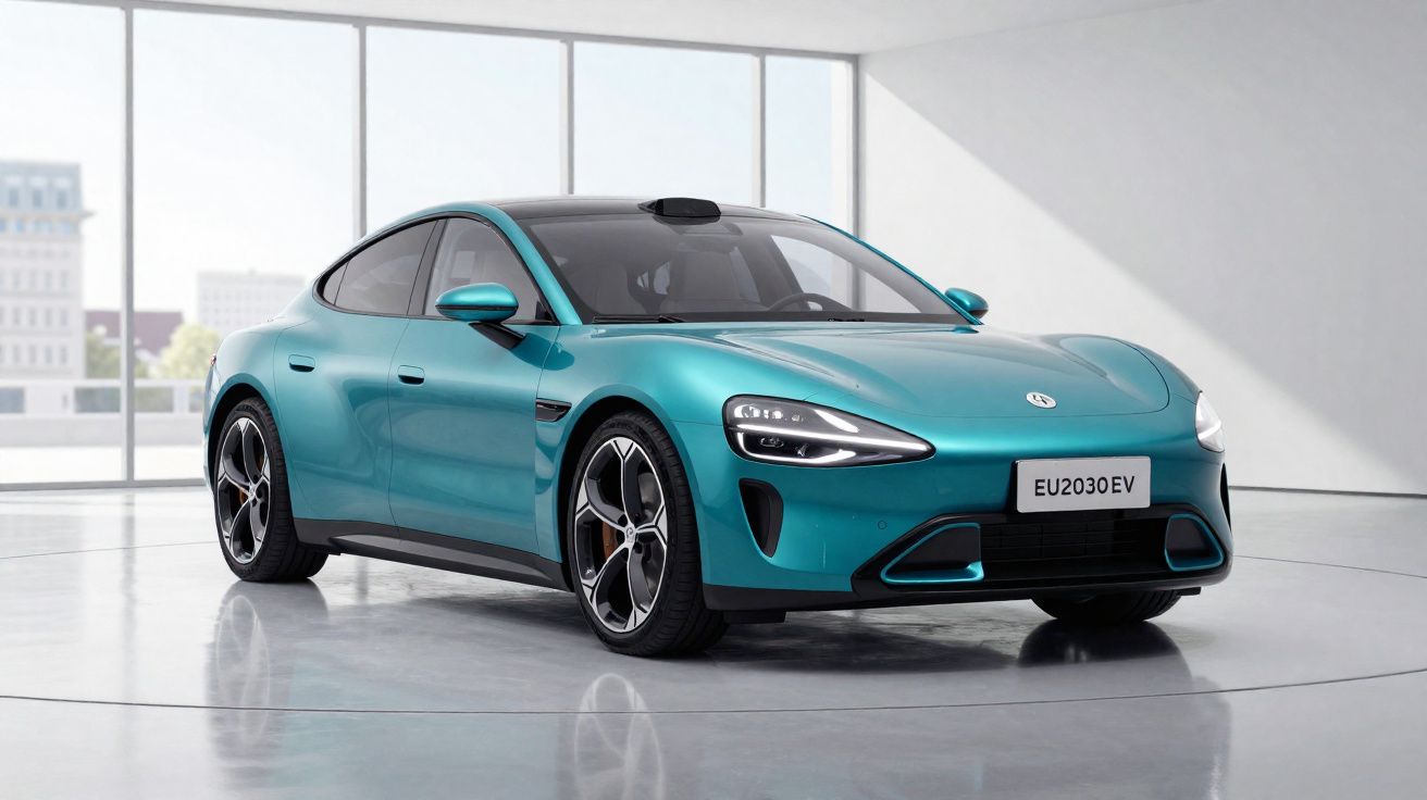 Carro elétrico desportivo azul turquesa estacionado em sala ampla e iluminada com grandes janelas.