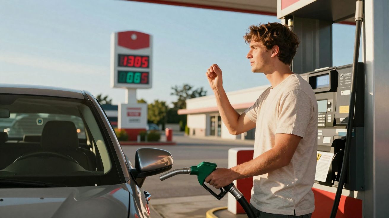 Homem a abastecer carro numa bomba de combustível numa estação de serviço ao ar livre.