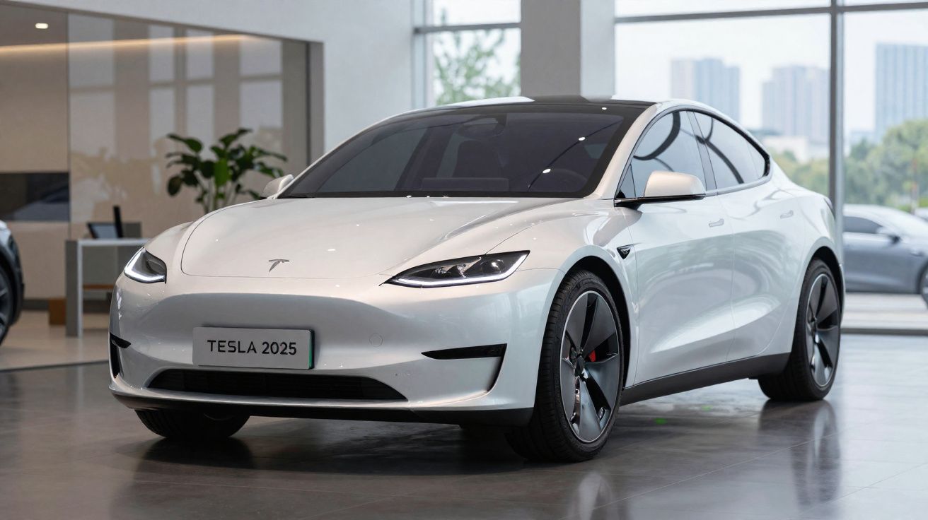 Carro elétrico Tesla branco modelo 2025 exposto em salão com janelas grandes ao fundo.