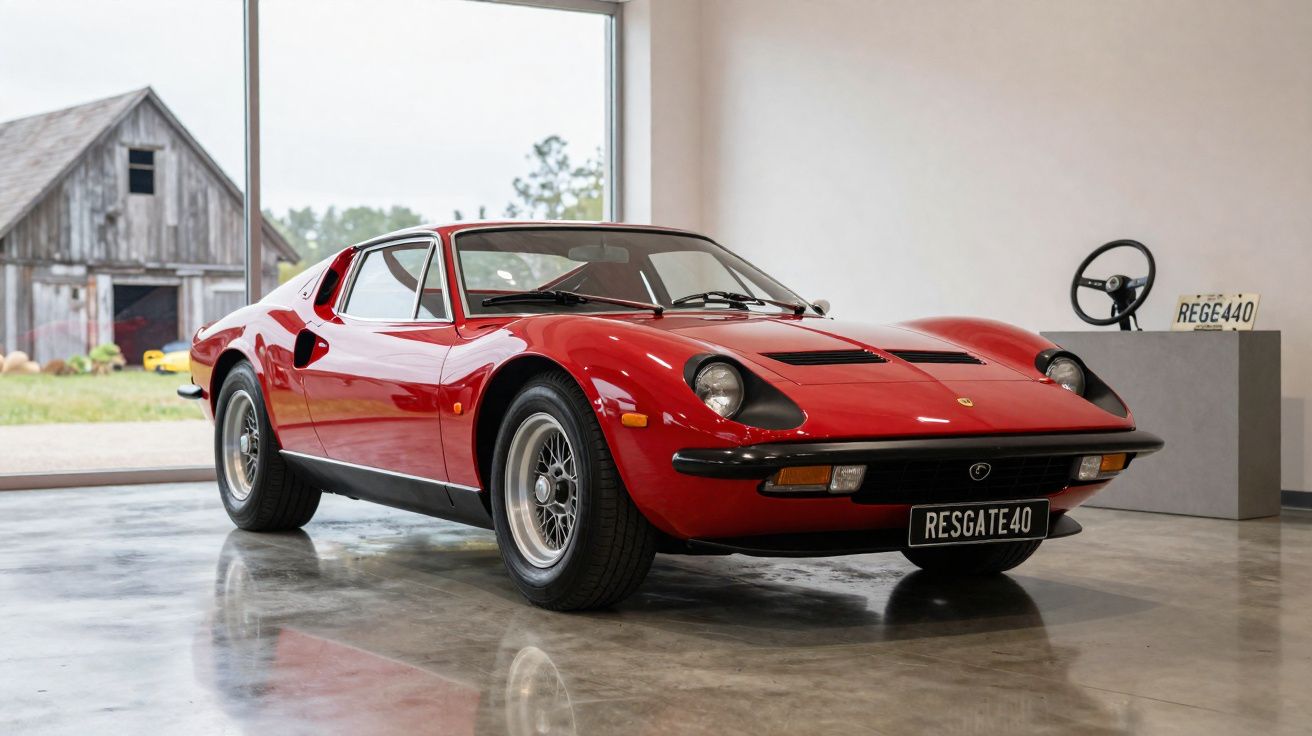 Carro desportivo clássico vermelho em exposição numa sala com chão de betão polido.