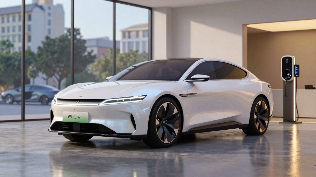 Carro elétrico branco estacionado no interior com carregador ligado numa tomada na parede.