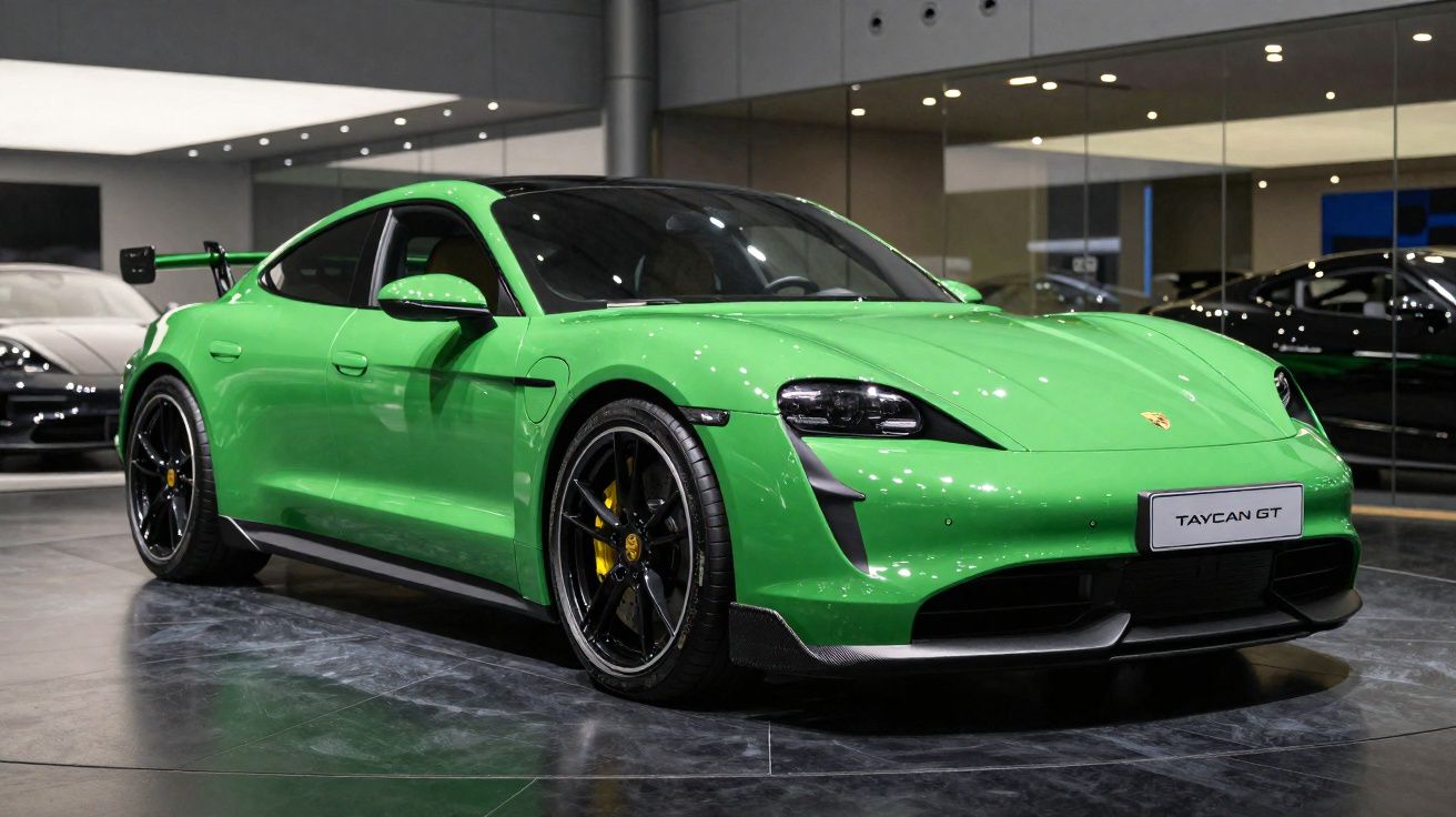 Carro desportivo eléctrico Porsche Taycan GT verde estacionado em showroom com piso polido e paredes espelhadas.