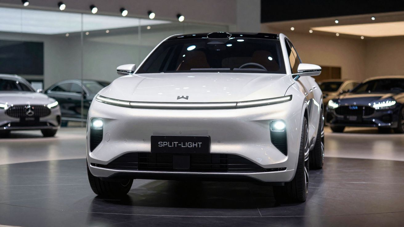 Carro elétrico branco modelo Split-Light exibido em showroom moderno com luzes acesas e outras viaturas ao fundo.