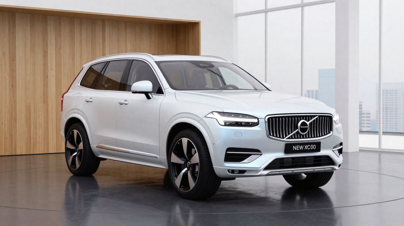 SUV Volvo XC80 branco estacionado em espaço interior moderno com parede de madeira e janelas amplas.