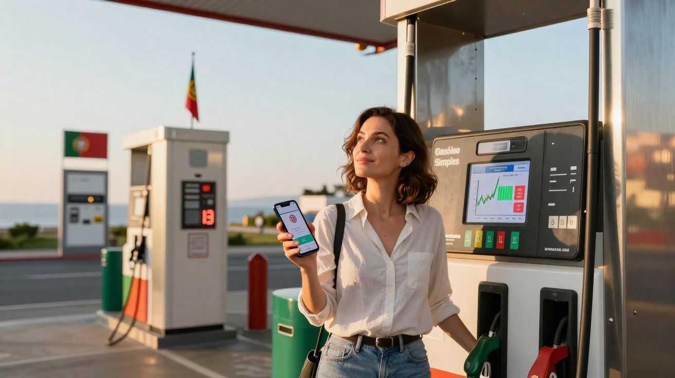 Mulher numa bomba de combustível em Portugal segura telemóvel com app, prepara-se para abastecer carro ao pôr do sol.