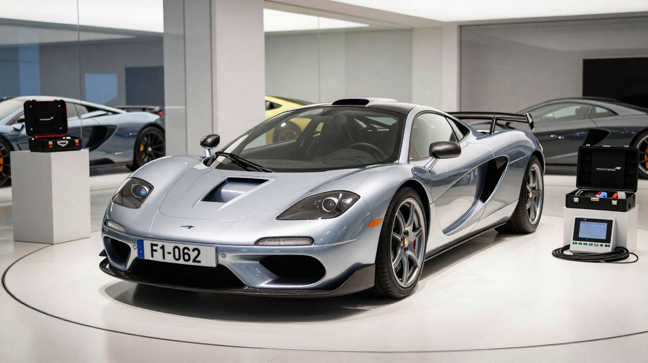 Carro desportivo prateado exibido num showroom moderno com equipamentos de diagnóstico ao lado.