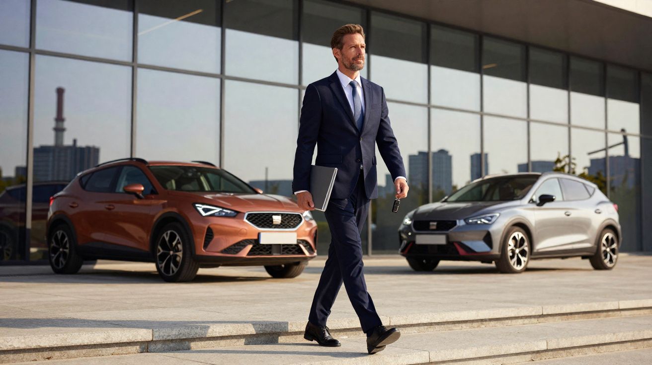 Homem de fatos a andar com carteira e chave de carro à frente de dois automóveis estacionados junto a edifício moderno.