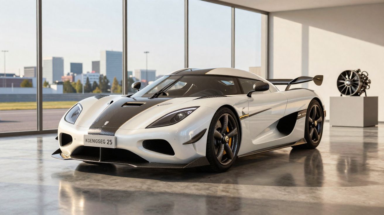 Carro desportivo Koenigsegg branco e preto num showroom com paredes de vidro e piso refletor.