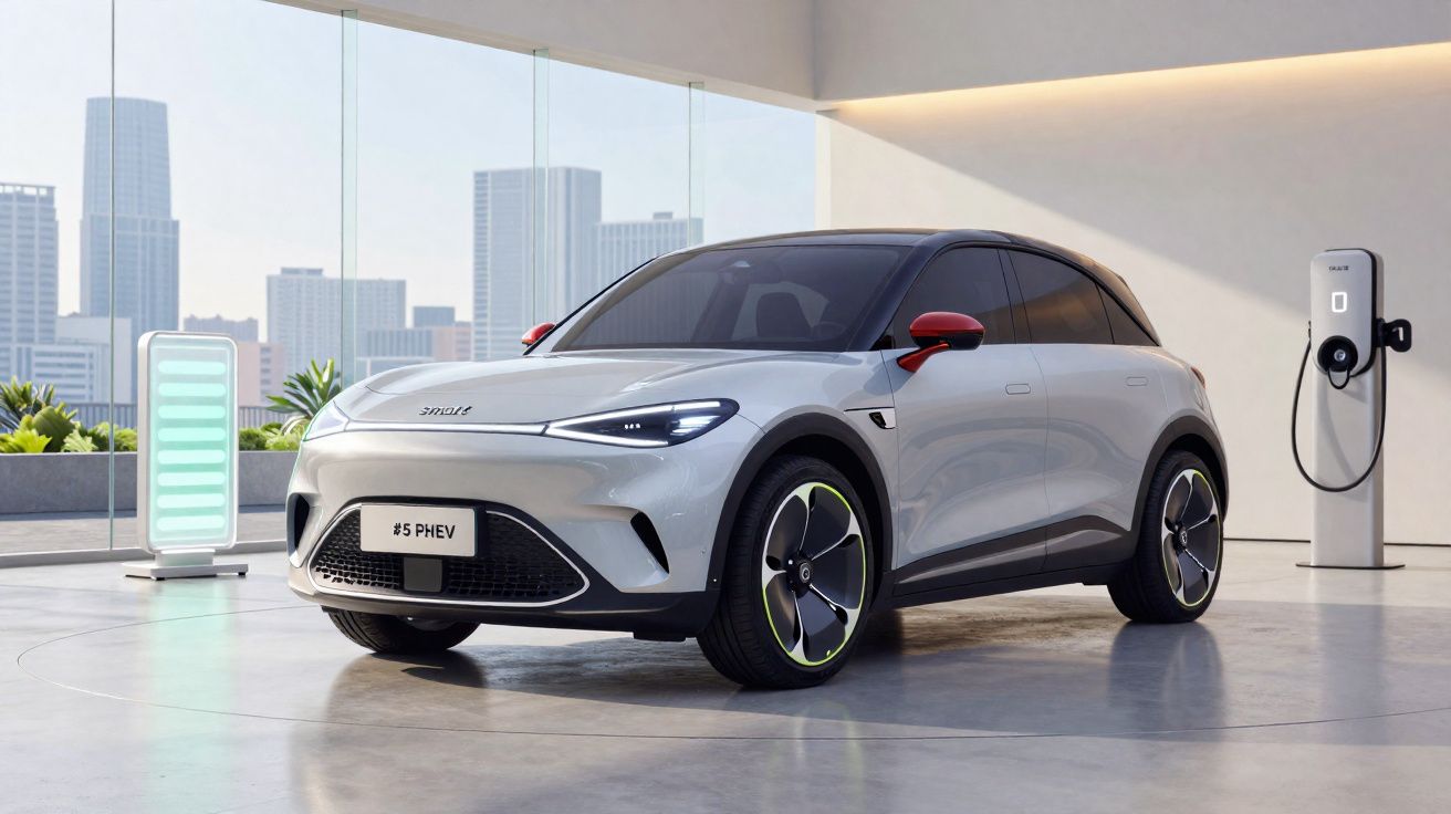 Carro elétrico cinzento com detalhes em vermelho estacionado em espaço moderno com carregador elétrico.