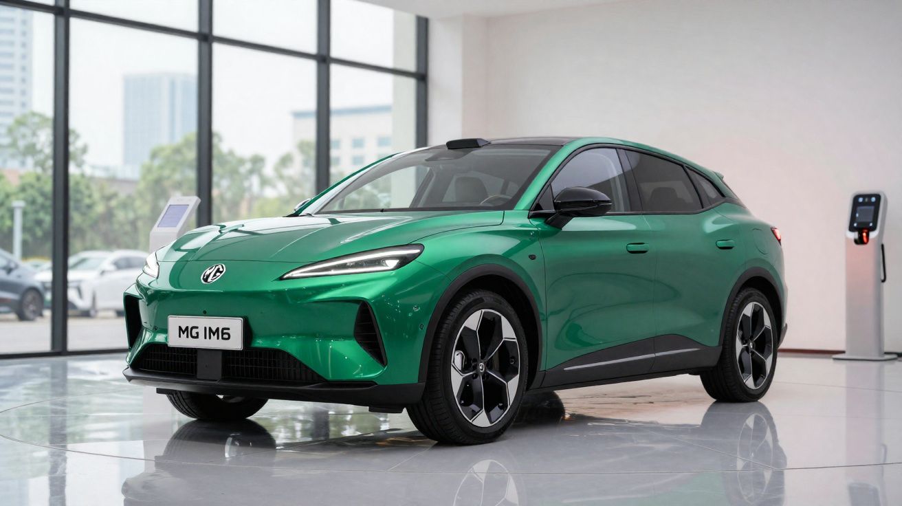 Carro elétrico MG IM6 verde apresentando design moderno num showroom com grandes janelas.