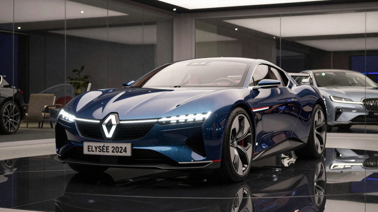 Carro desportivo Renault Elysée 2024 azul exibido em salão automóvel moderno com piso espelhado.