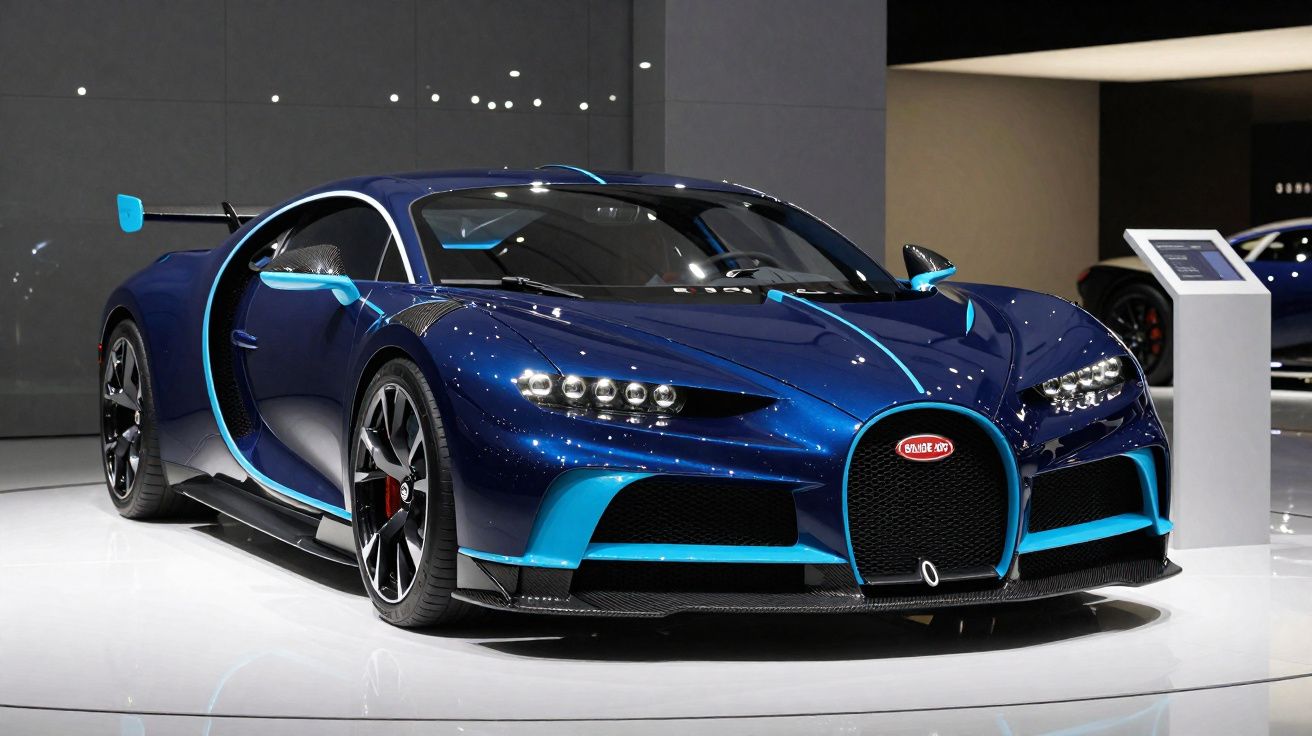 Carro desportivo Bugatti Chiron azul com detalhes em azul claro exposto em salão automóvel.
