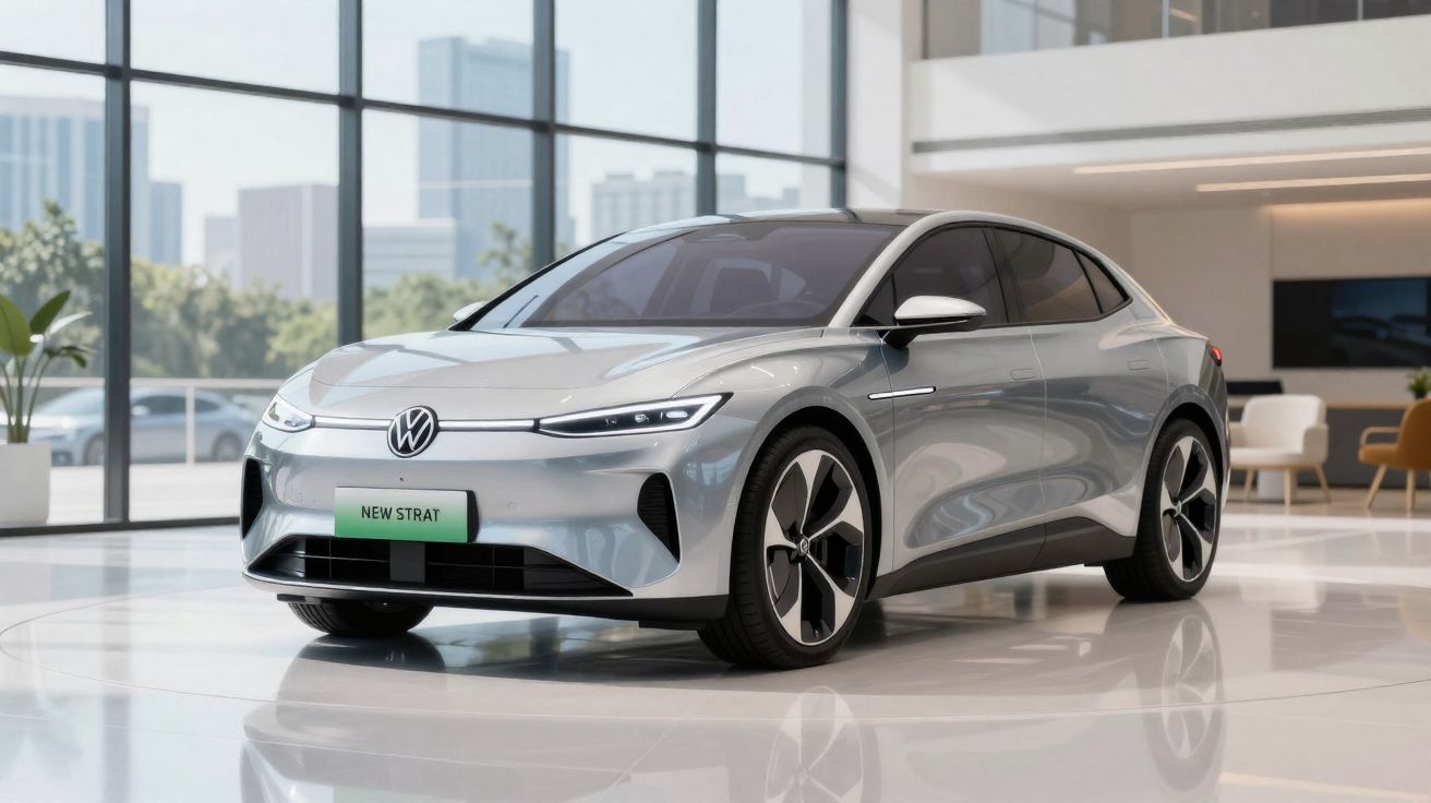 Carro elétrico Volkswagen New Strat prata exibido numa sala moderna com janelas amplas e cadeiras ao fundo.