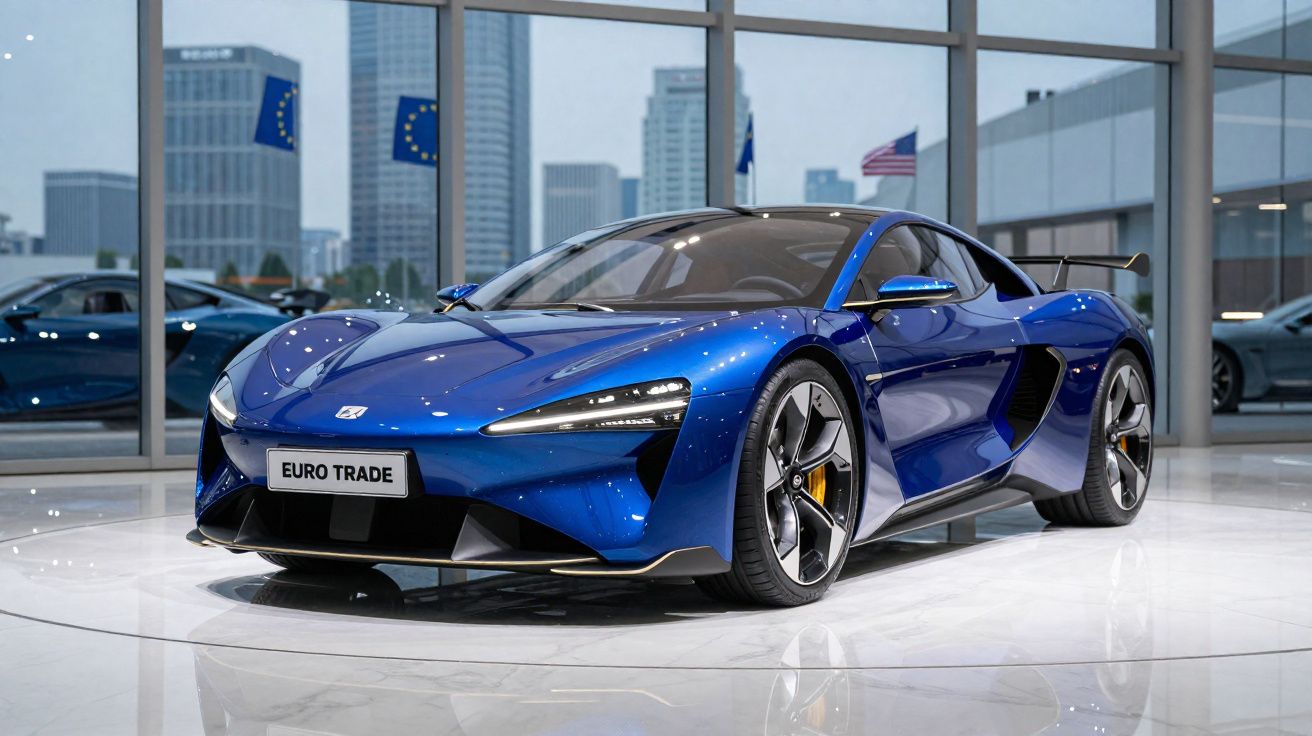 Carro desportivo azul brilhante exposto num showroom moderno com arranha-céus e bandeiras ao fundo.