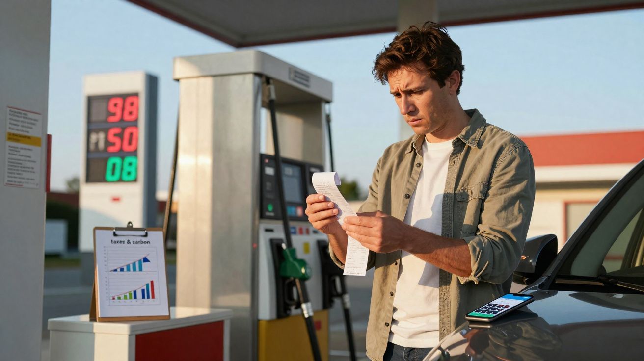Homem a analisar o recibo do combustível junto a uma bomba de gasolina com preços visíveis ao fundo.