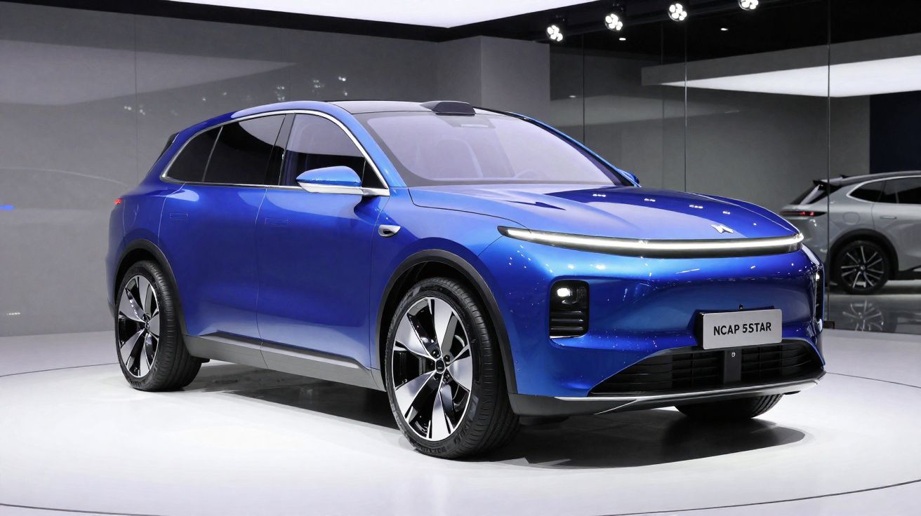 Carro elétrico azul moderno exposto num salão, com design aerodinâmico e faróis LED finos.