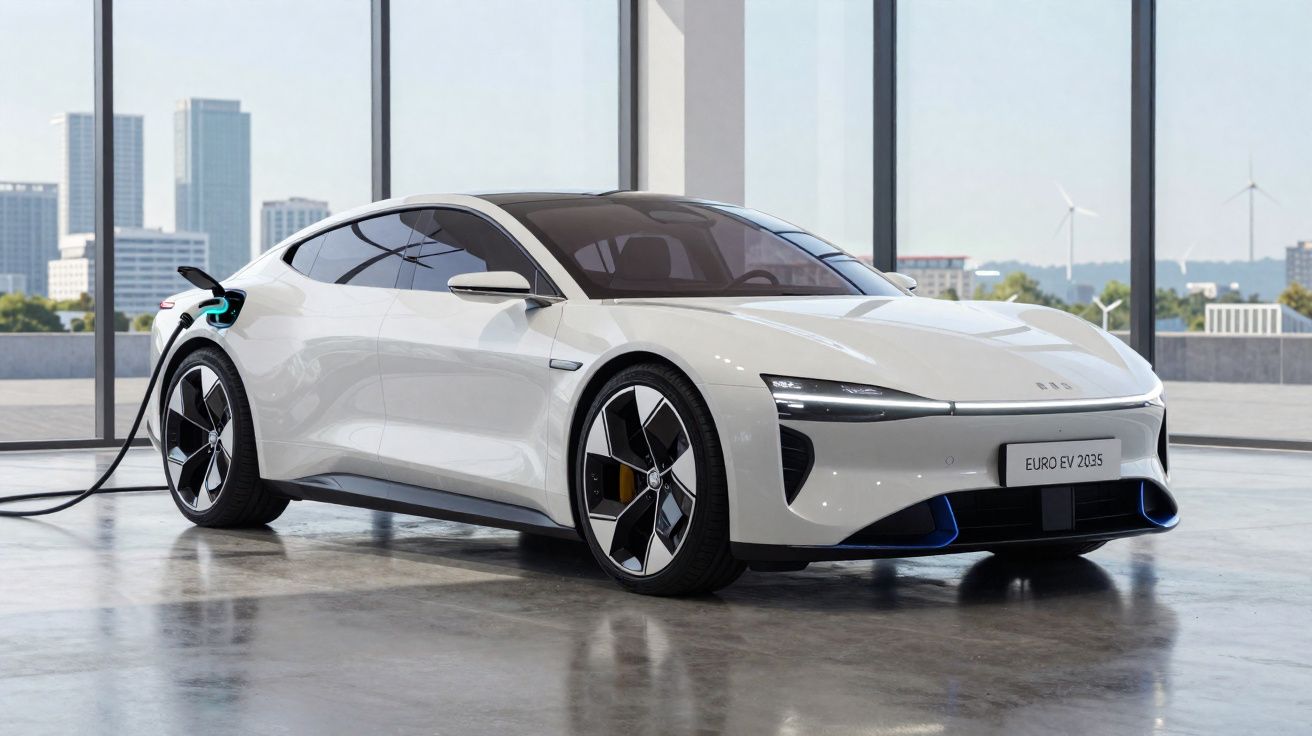 Carro elétrico branco a carregar numa estação de carregamento interior com vista para cidade moderna.