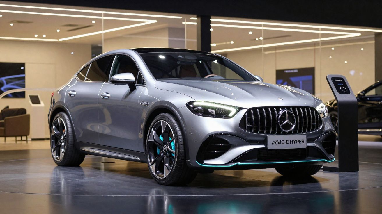 Carro elétrico Mercedes AMG-E Hyper cinzento em exposição num showroom moderno com iluminação LED.