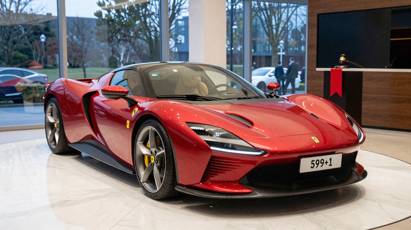 Automóvel desportivo Ferrari vermelho modelo 599+1 em exposição num espaço interior moderno.