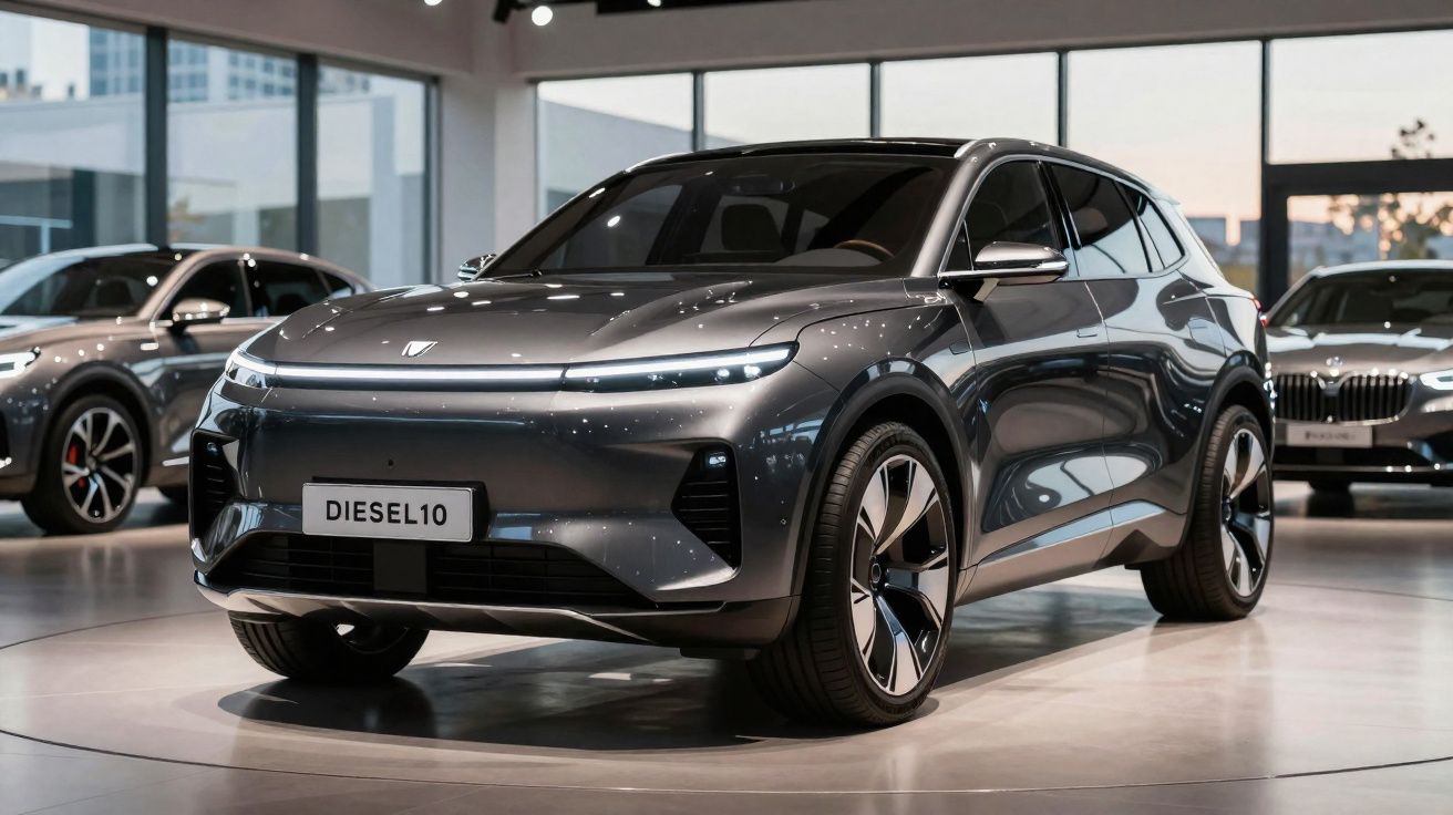 SUV elétrico cinzento exposto em showroom moderno, com design aerodinâmico e faróis LED finos.