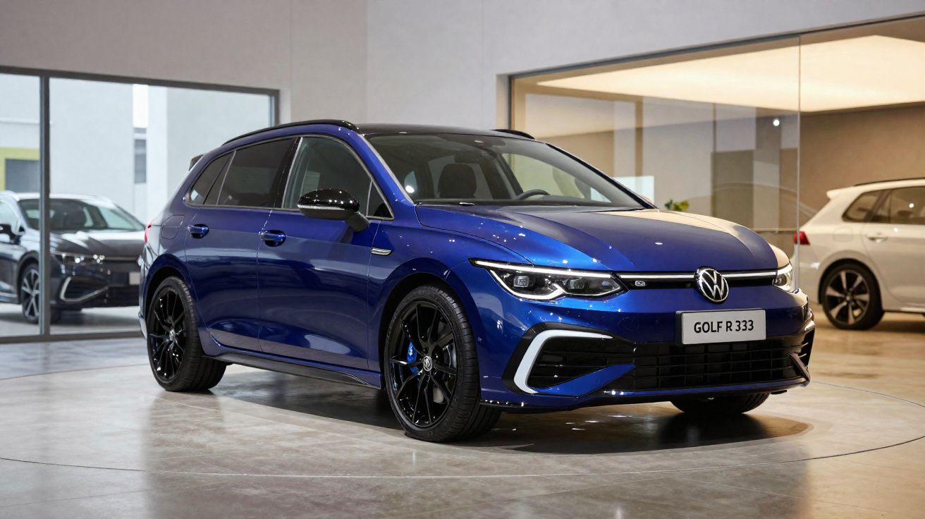 Carro Volkswagen Golf R azul escuro com jantes pretas numa exposição interior moderna.