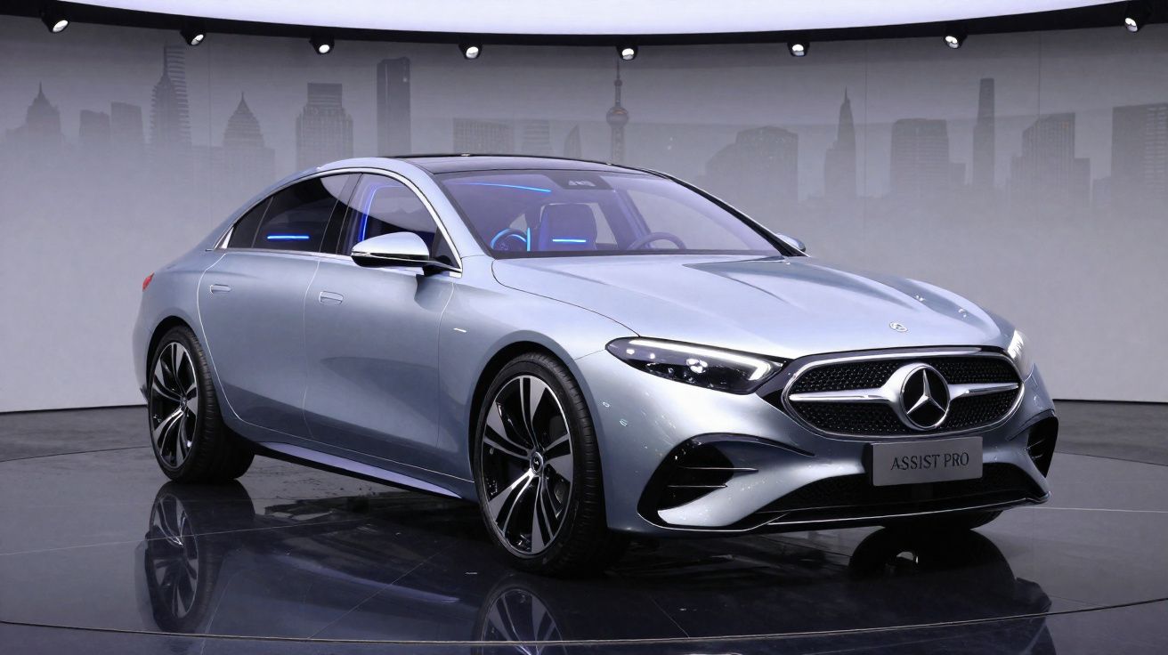 Carro elétrico Mercedes-Benz ASSIST PRO prateado em exposição num salão com fundo urbano cinza.