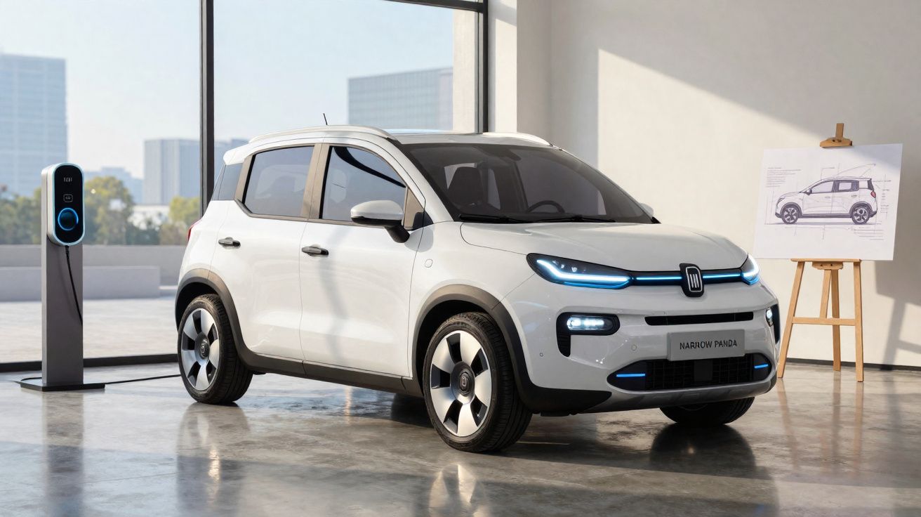 Automóvel elétrico branco estacionado em garagem moderna, ligado a carregador e esboço técnico ao fundo.