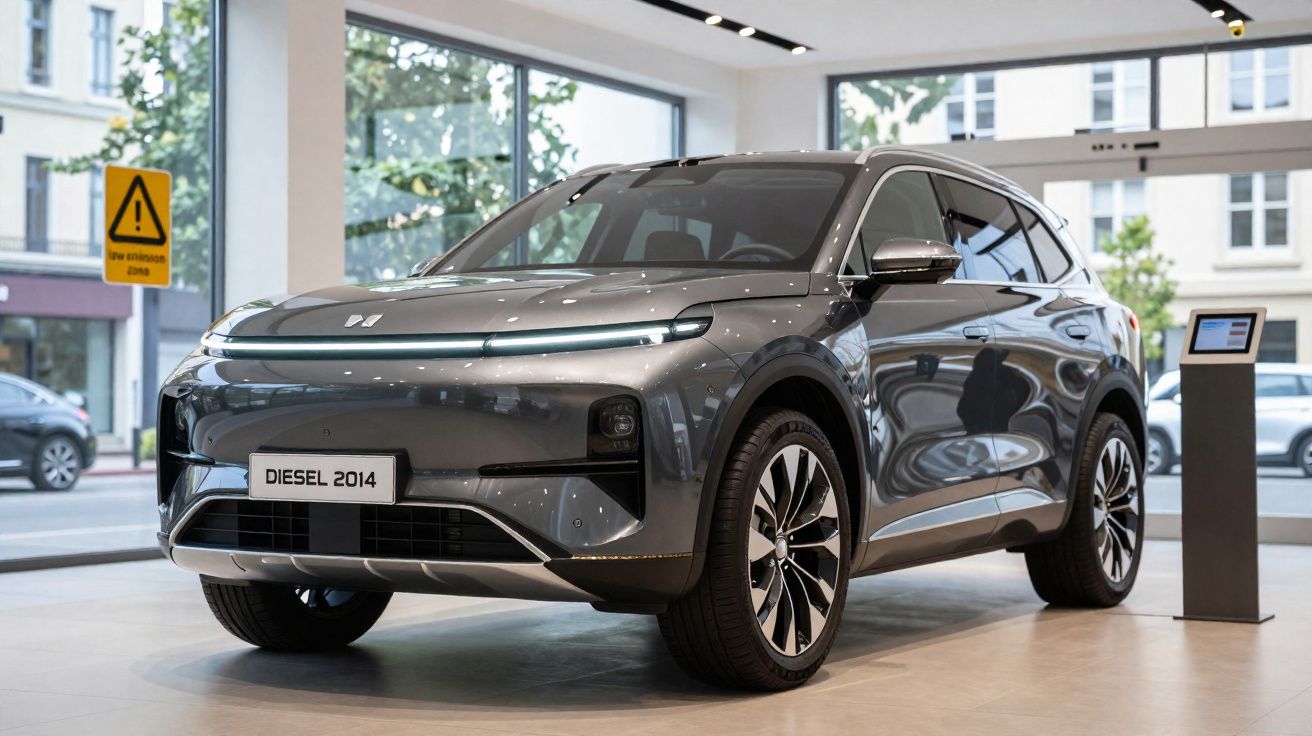 Carro SUV cinzento eléctrico em exposição numa sala com janelas grandes e sinal de zona de baixas emissões.