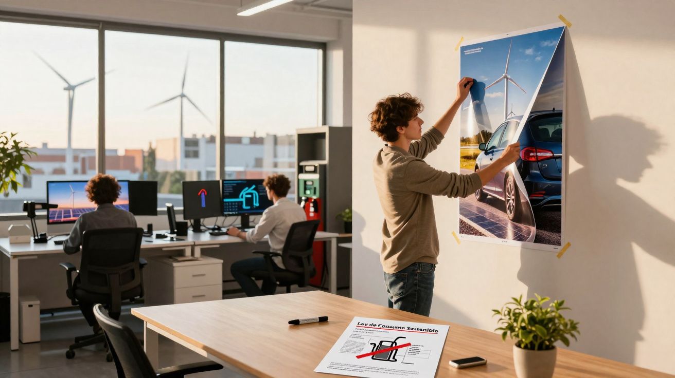 Homem coloca poster de energia renovável na parede de escritório com colegas a trabalhar no computador.