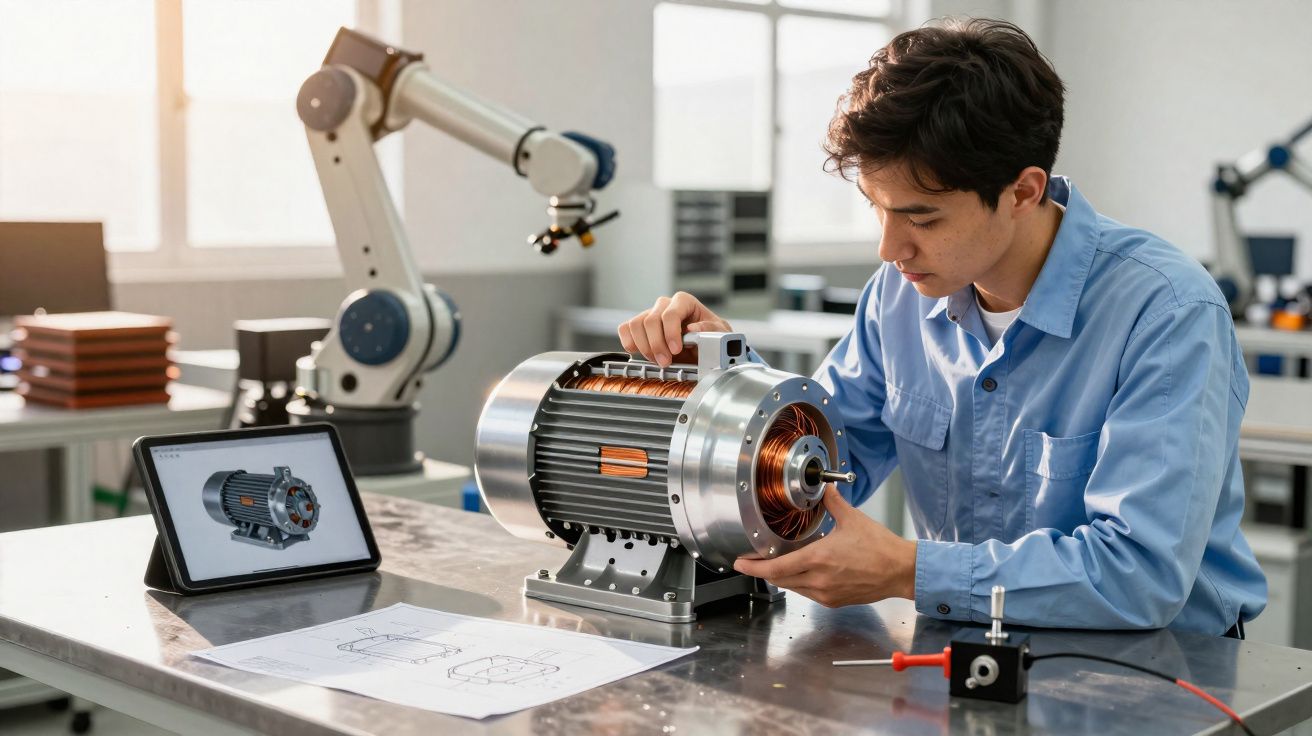 Engenheiro a inspecionar motor elétrico numa bancada com desenhos e tablet ao lado, em laboratório moderno.