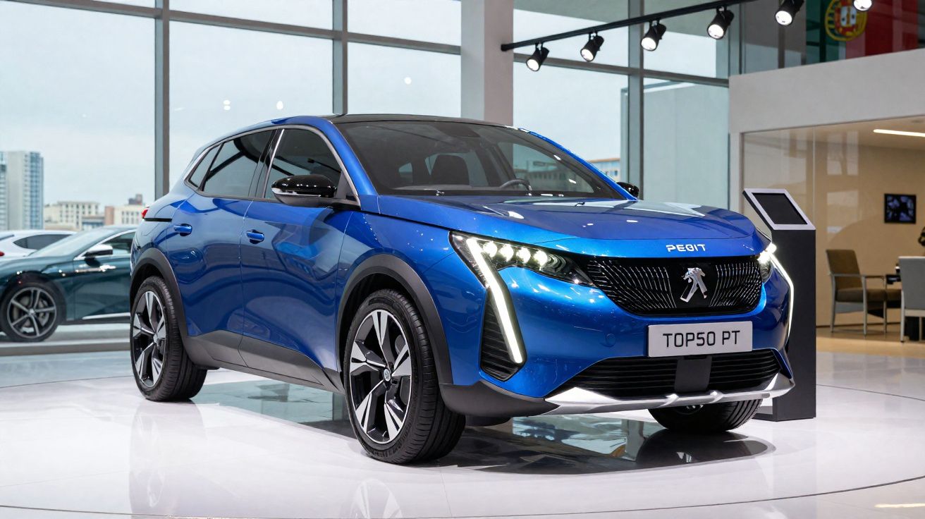 Carro elétrico Peugeot azul em exposição numa sala moderna com grandes janelas e iluminação interior.