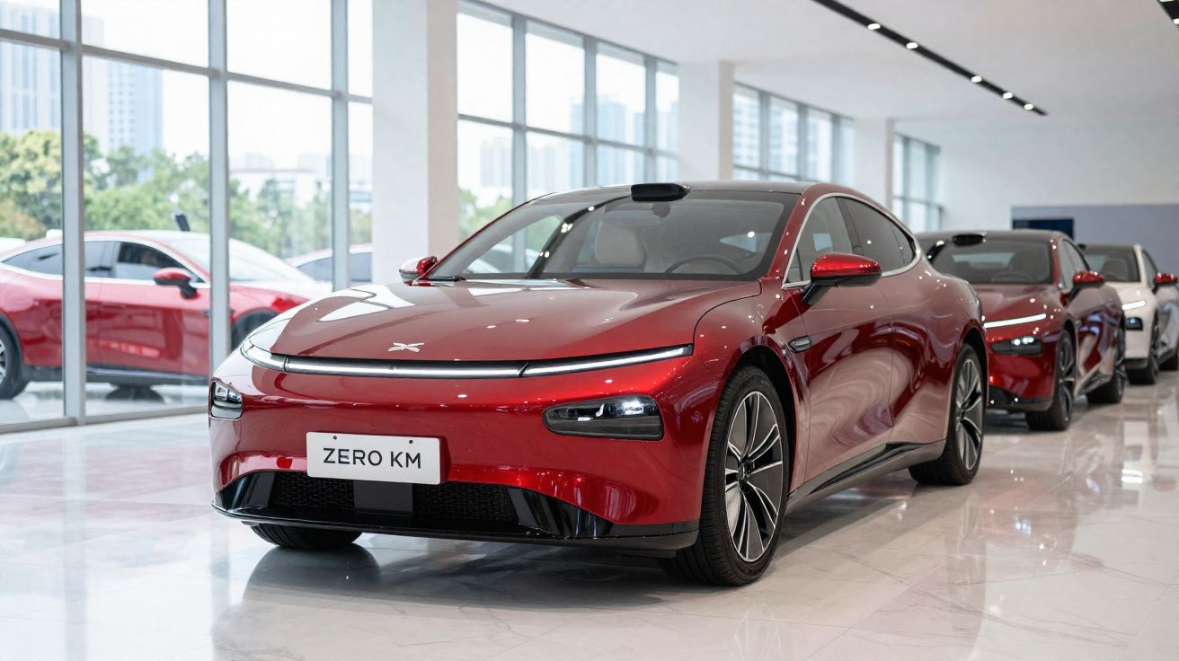 Carro elétrico vermelho moderno em exposição numa sala com janelas grandes e luz natural.