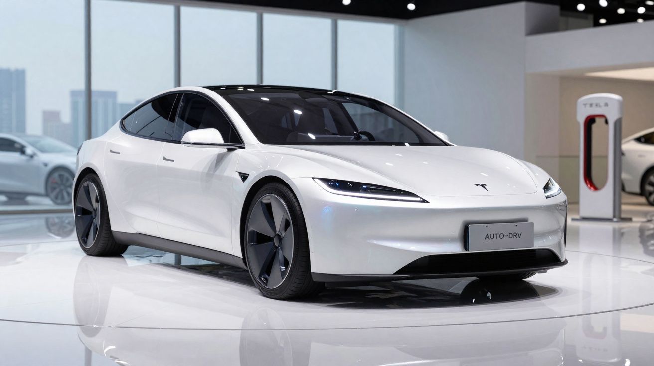 Carro elétrico branco Tesla em exposição com carregador Tesla ao fundo.