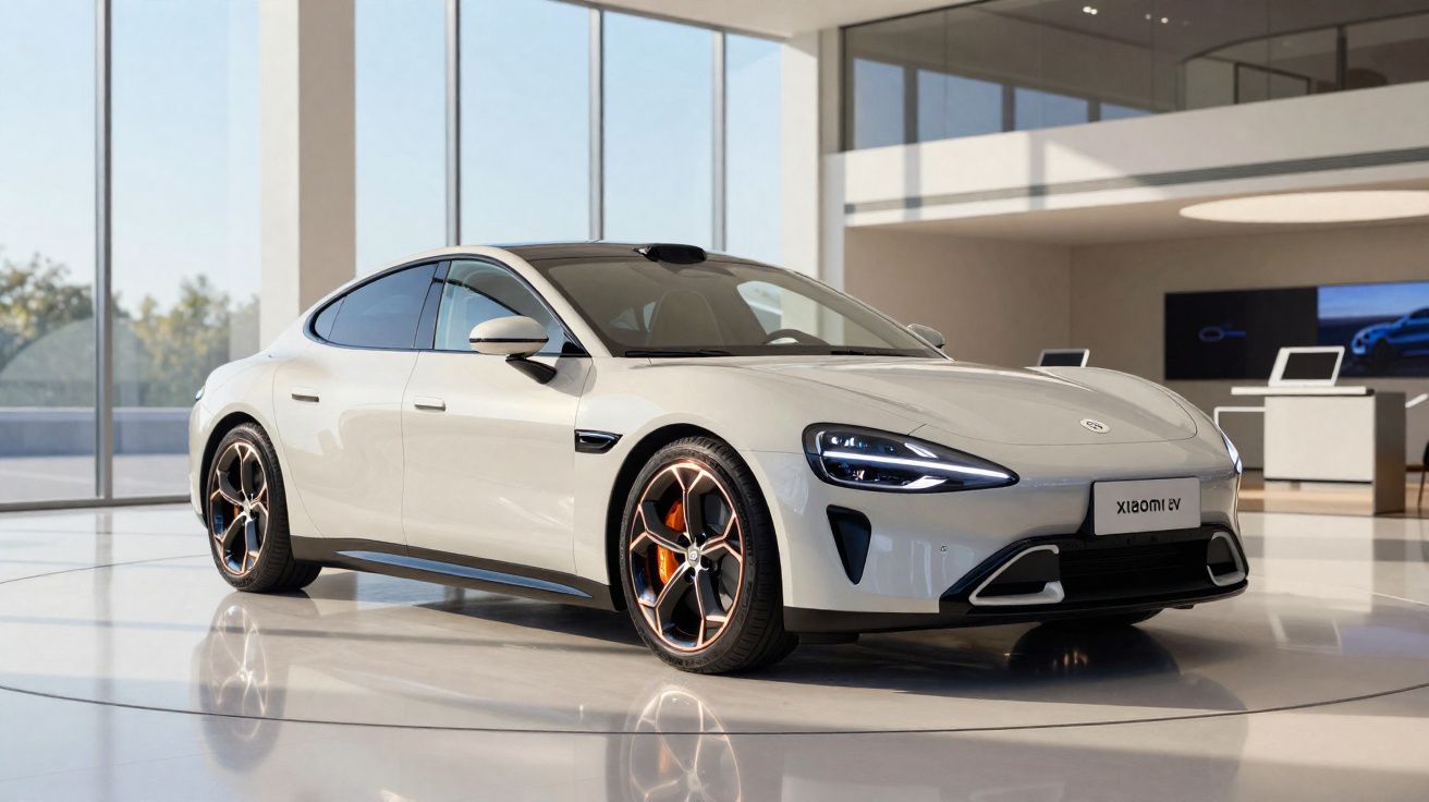 Carro elétrico branco Xiaomi EV exposto numa sala moderna com grandes janelas e luz natural.