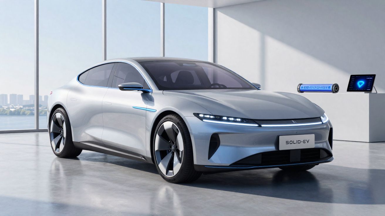 Carro elétrico desportivo sedan moderno prata em showroom com janelas amplas e bateria destacada.