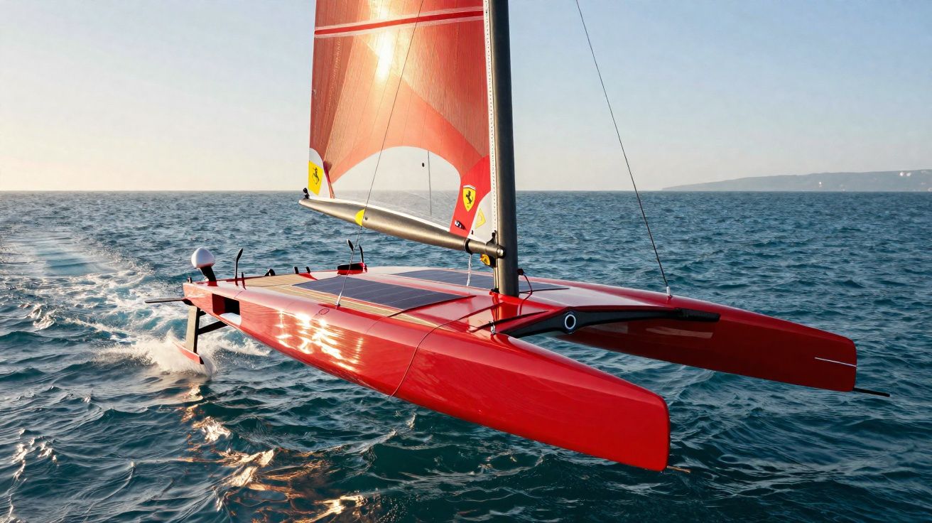 Catamaran vermelho com vela a navegar no mar durante o pôr do sol, com montanha ao fundo.