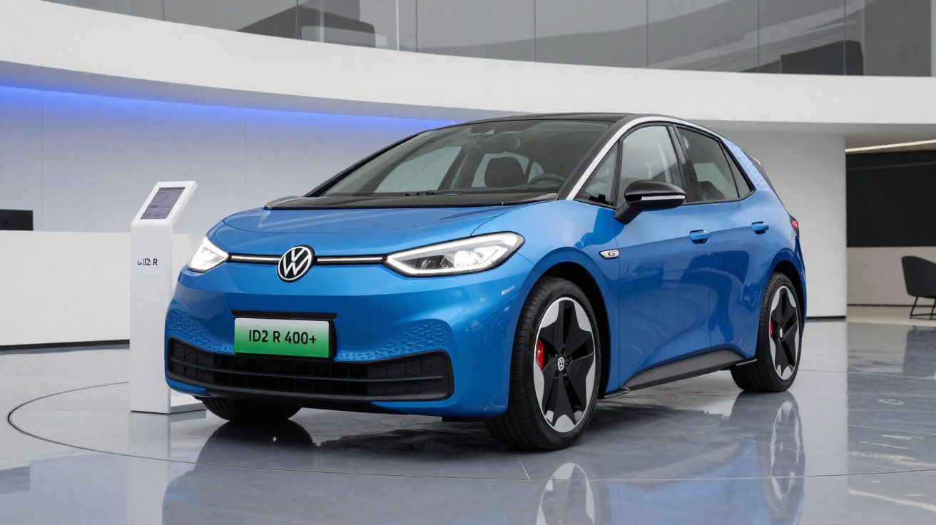 Carro elétrico Volkswagen ID.2 R 400+ azul exposto em espaço moderno com chão refletor.