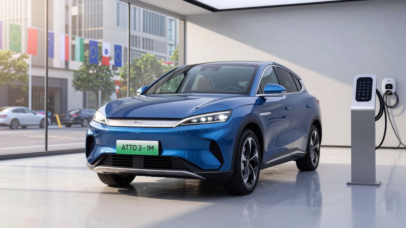 Carro elétrico azul estacionado numa estação de carregamento moderna com edifícios ao fundo.