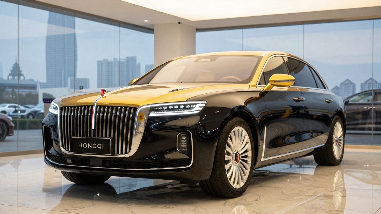 Carro de luxo preto e dourado da marca Hongqi exibido numa sala com chão brilho e vidros grandes.