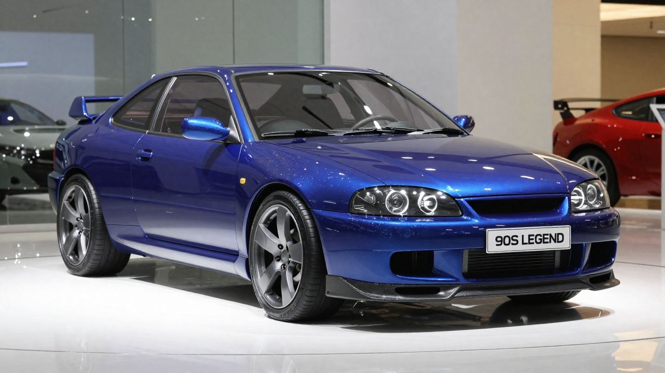 Carro desportivo azul metálico com faróis duplos, jantes cinzentas e asa traseira num salão automóvel.