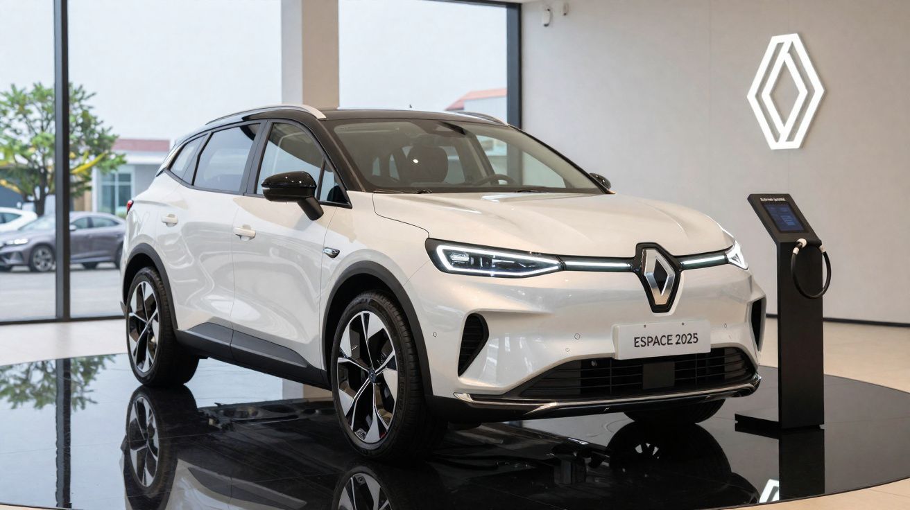 Carro elétrico Renault Espace 2025 branco em exposição numa sala moderna com carregador elétrico ao lado.