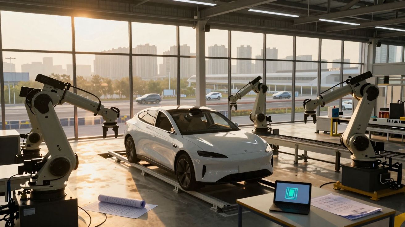 Interior de fábrica com carro branco rodeado por braços robóticos e computador portátil numa mesa.