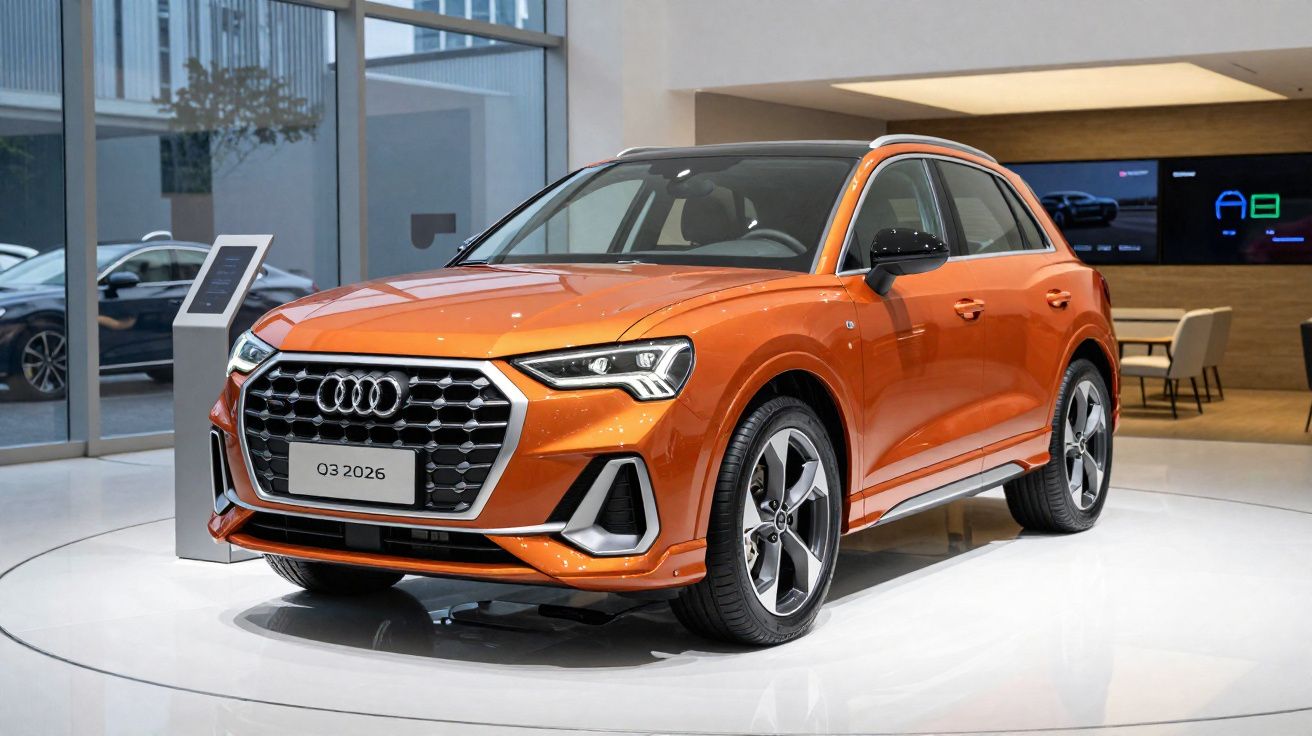 Carro SUV Audi Q3 2026 laranja exposto em salão de automóveis moderno com iluminação cénica.