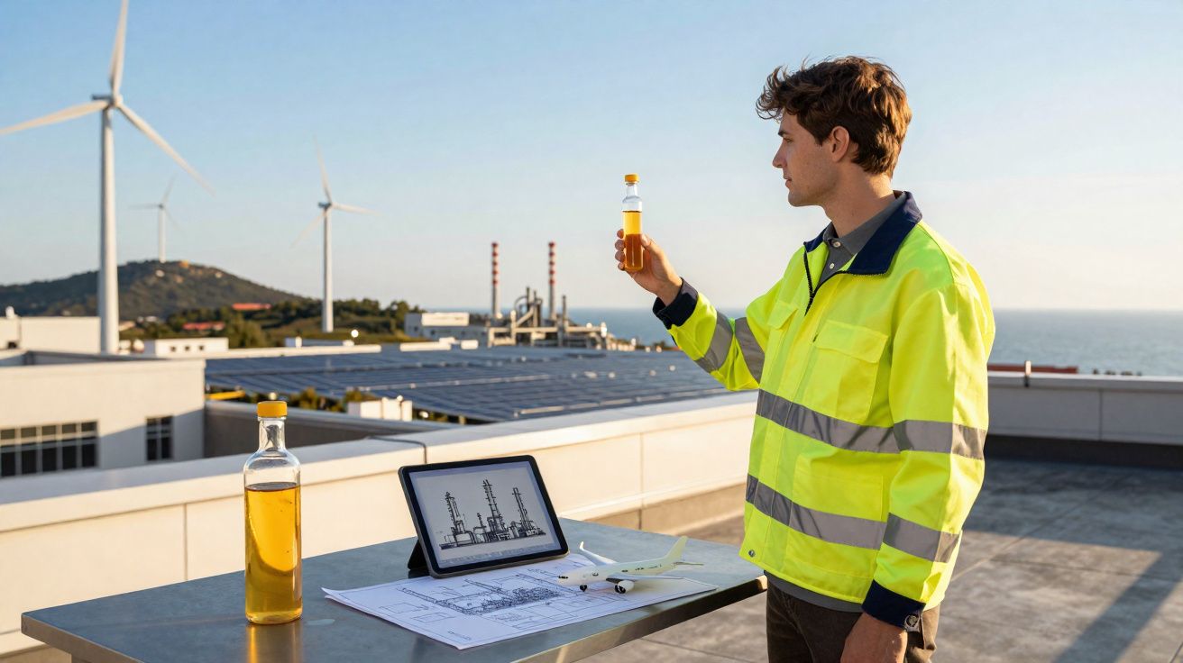 Homem com colete refletor analisa líquido amarelo junto a modelo ecrã com plantas industriais e turbinas eólicas ao fundo.