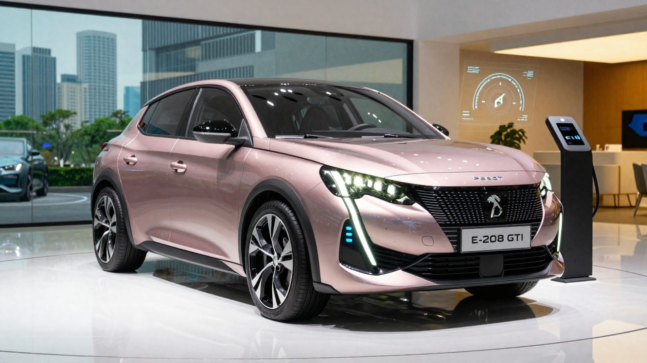 Peugeot E-208 GTi rosa exposto em showroom moderno com parede de vidro e vista urbana ao fundo.
