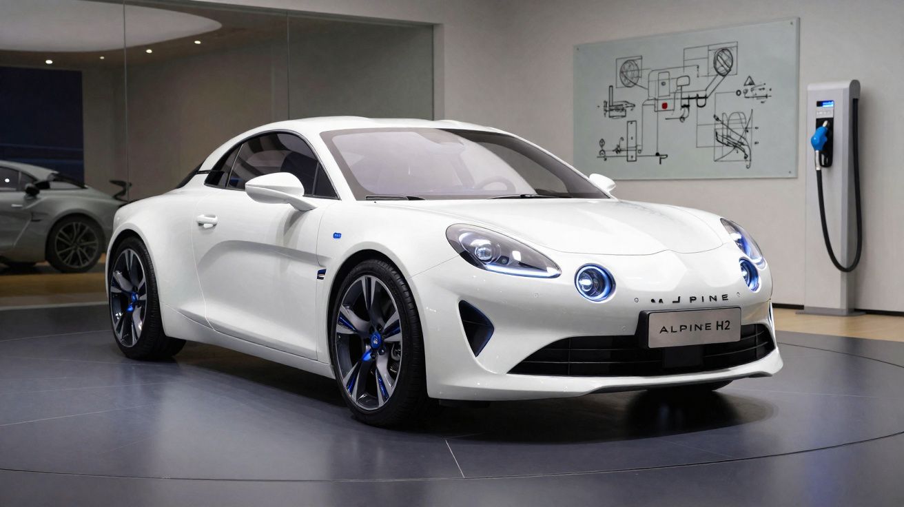Carro desportivo elétrico branco Alpine H2 exposto em sala moderna com carregador na parede.