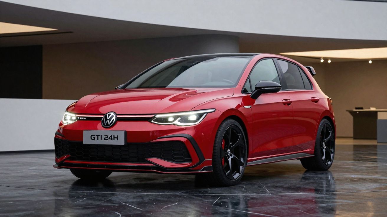 Carro desportivo vermelho Volkswagen Golf GTI 24H estacionado em ambiente moderno com piso refletor.